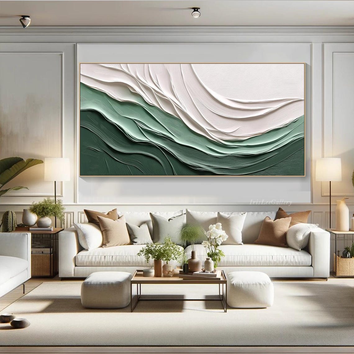 Sage Green White Wavy Abstract 3D Textured Wabi Sabi Wall Art - Image 3