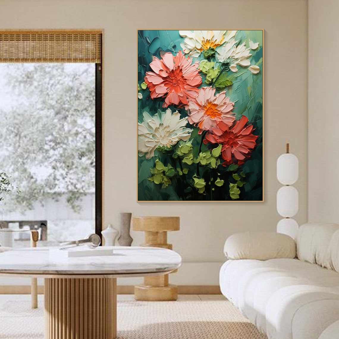 Coral Pink Blooms Deep Emerald Textured Dramatic Floral Art Poster - Image 4