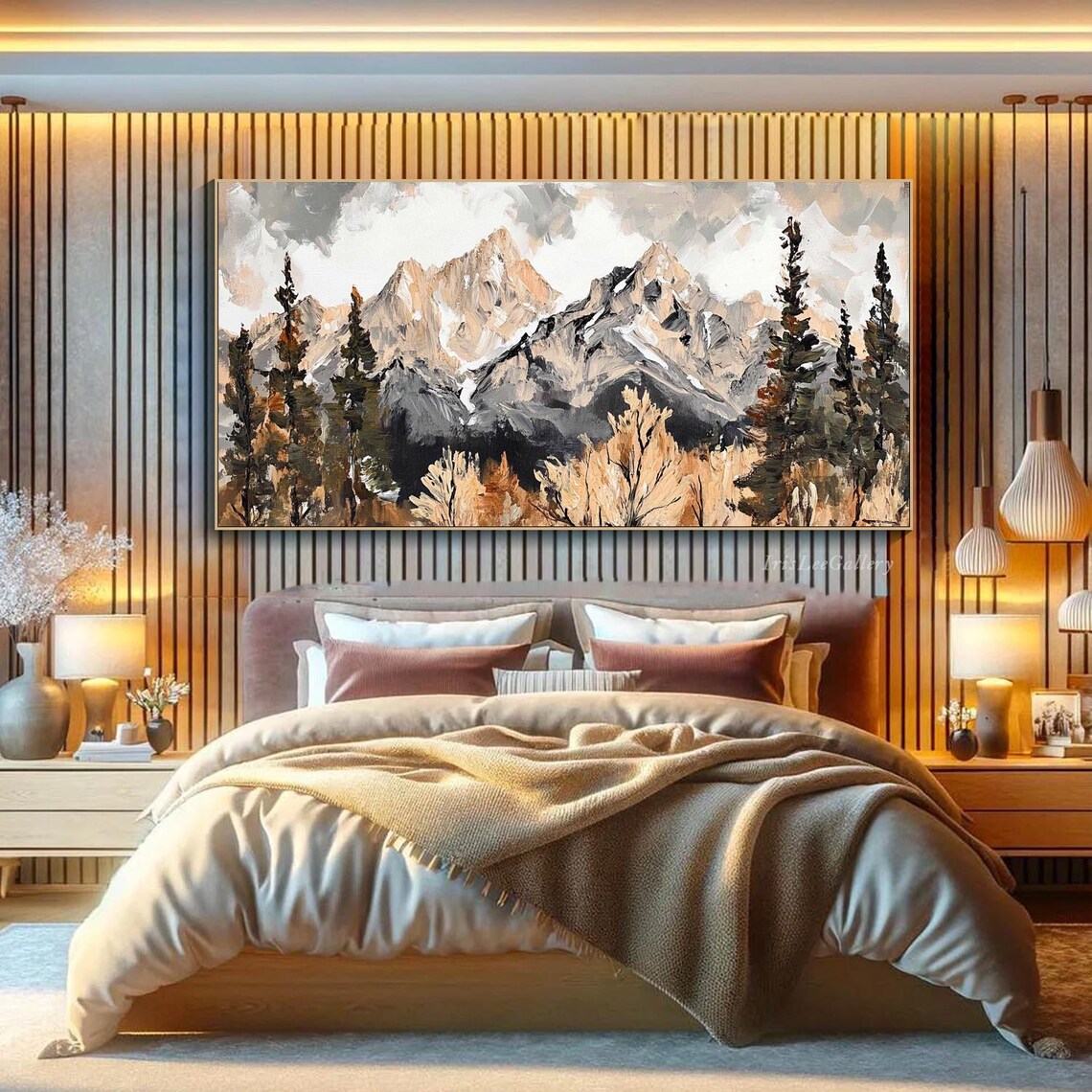 Mountain Landscape Oil Painting On 3d Texture Impasto Wall Art Large Rustic Nature Decor Neutral Tones Forest Living Room Wall Art - Image 2