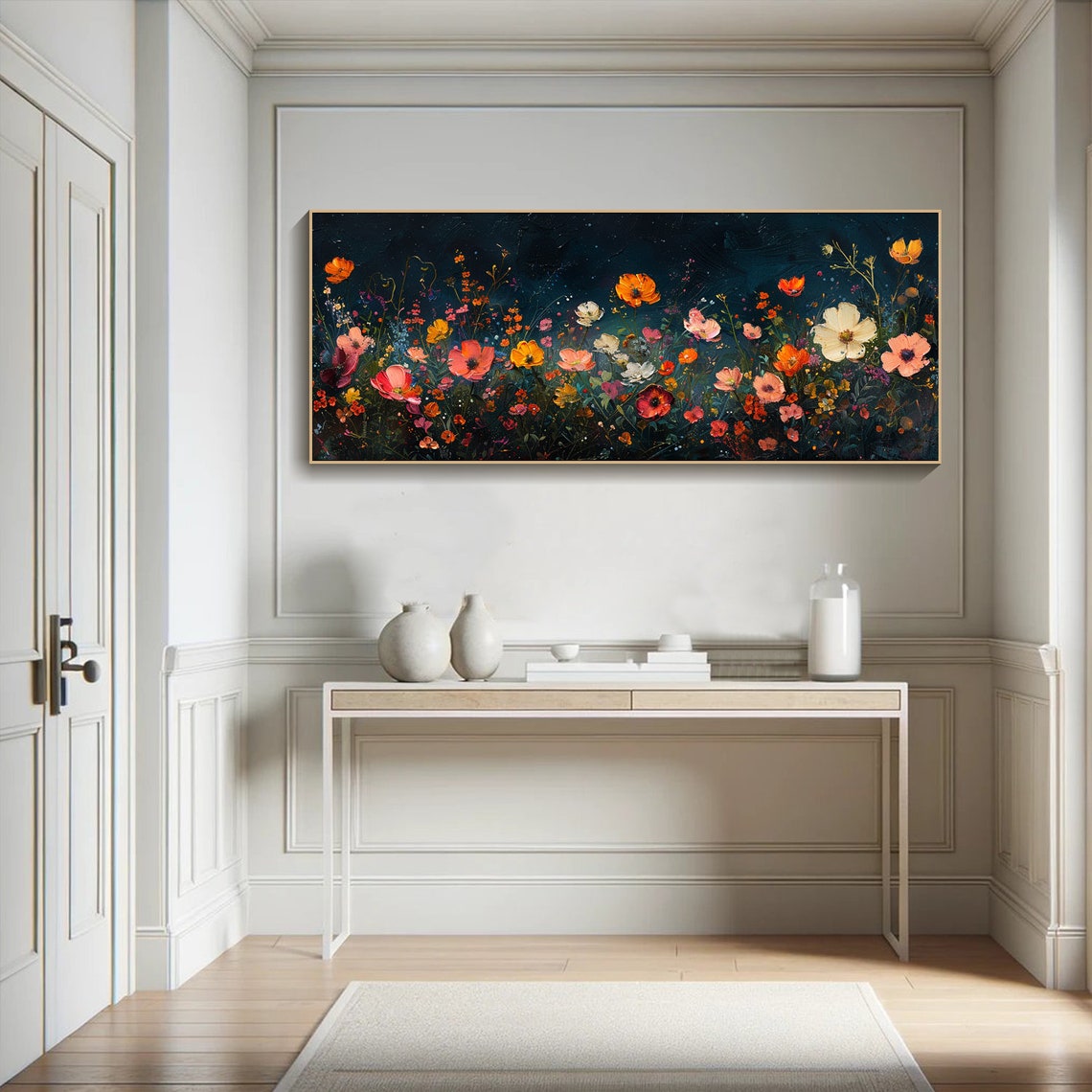 Dark Teal Night Wildflower Meadow Colorful Bloom Painting Wall Art - Image 4
