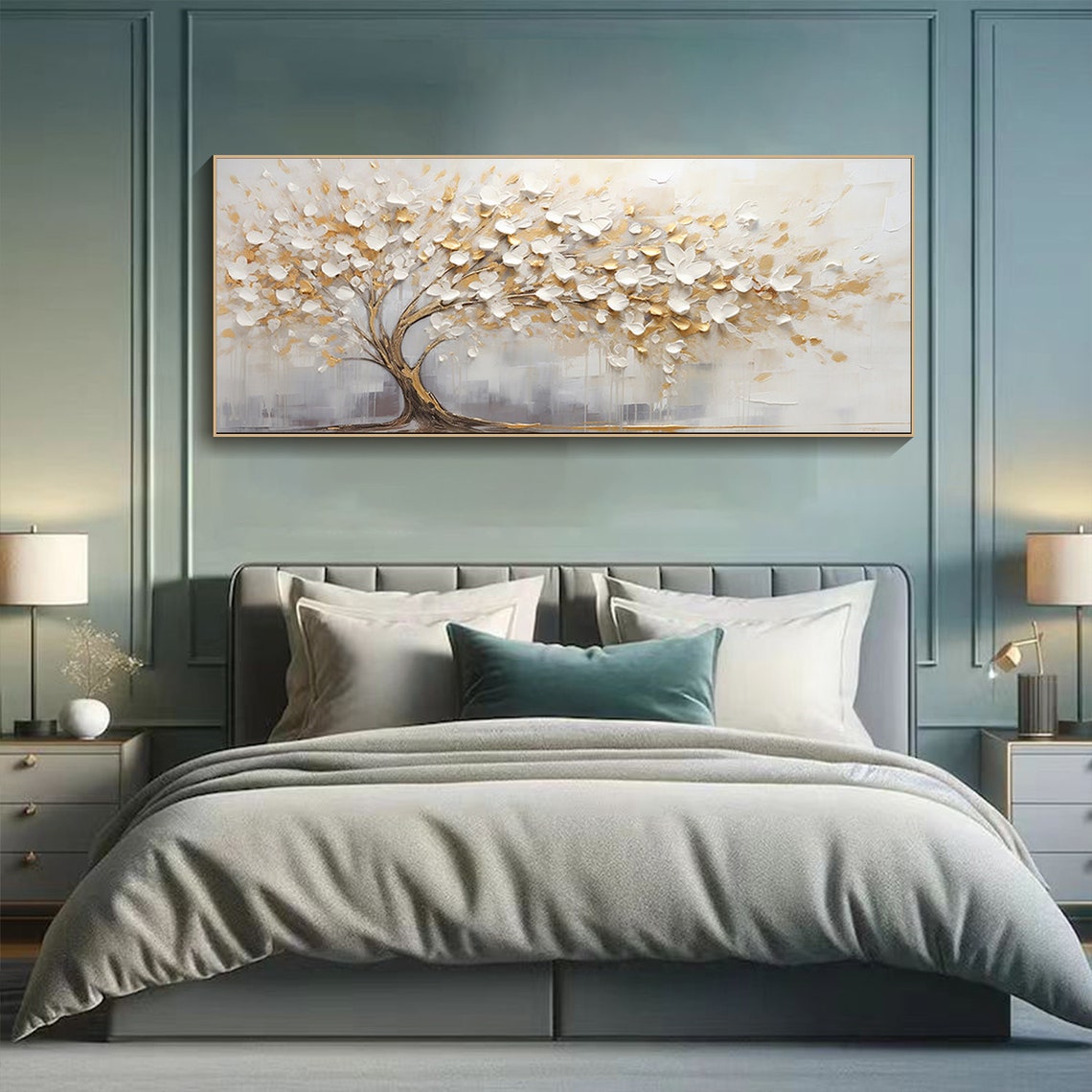 Golden White Blooming Tree 3D Impasto Floral Abstract Wall Art - Image 2