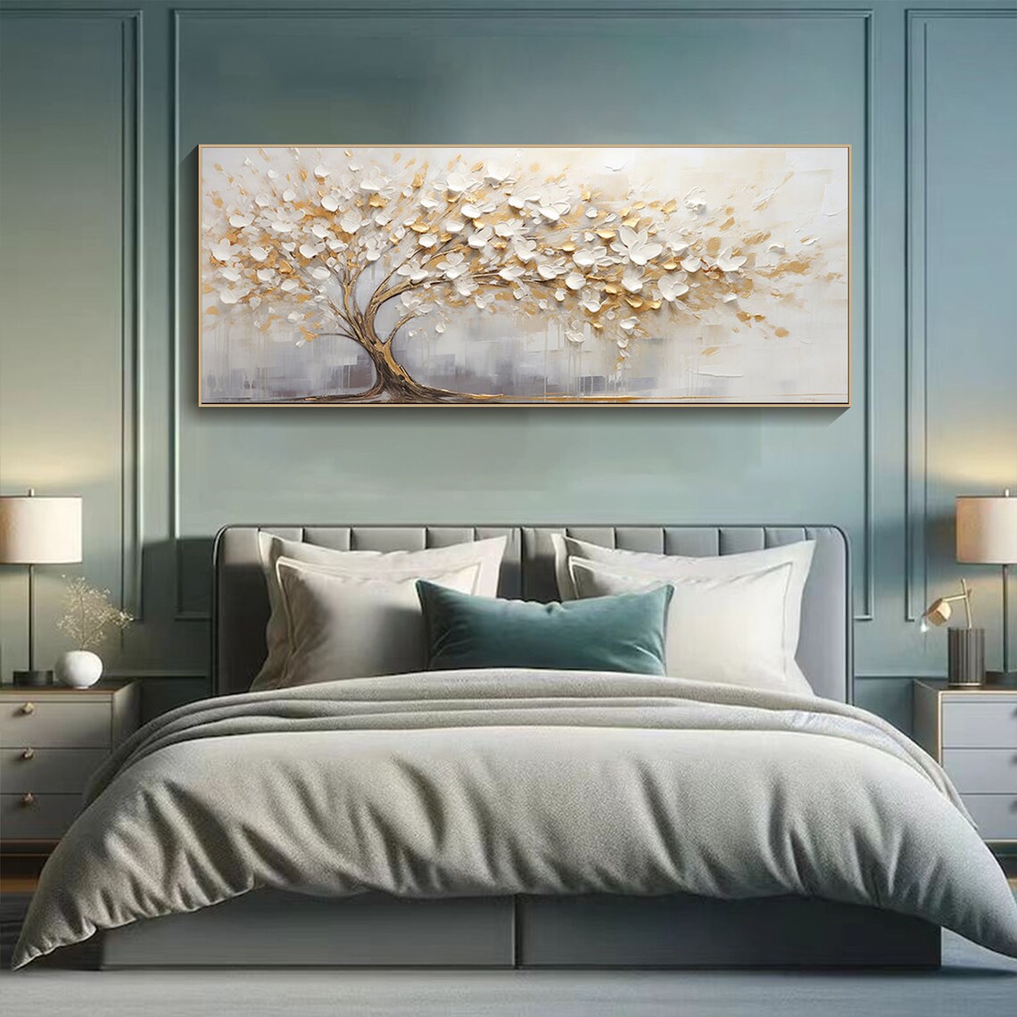 Original Gold White Blooming Painting On 3d Abstract Textured Wall Art Skyward View Tree Art Living Room Art Natural Scenery Painting - Image 2