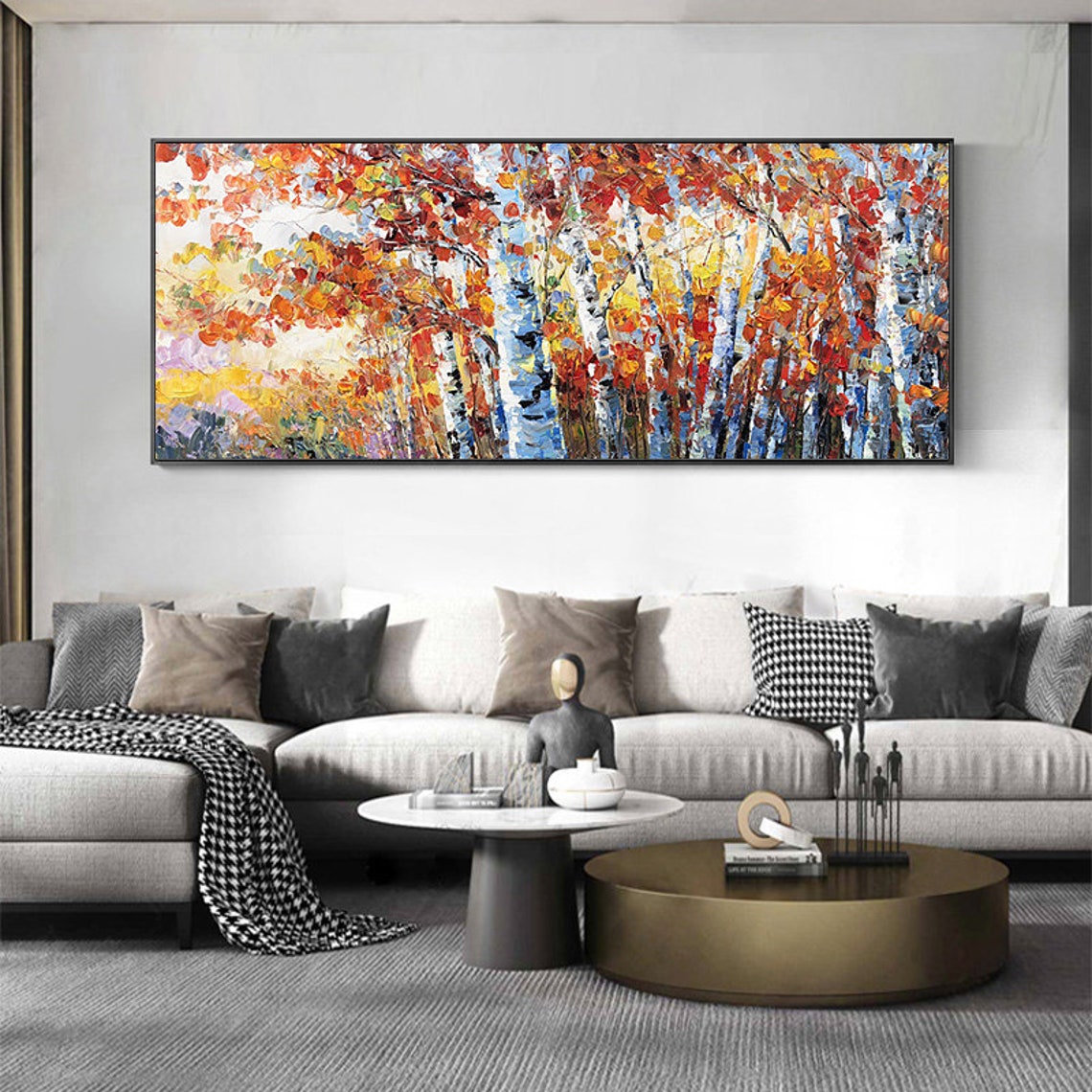 Autumn Birch Forest Red Orange Leaves Textured Impasto Art Poster - Image 2