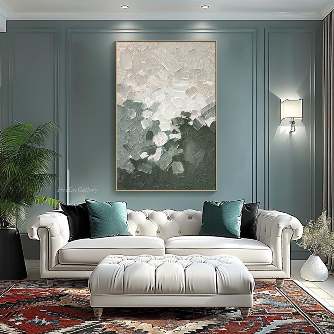 White Sage Green Palette Knife Abstract Minimalist Painting Wall Art - Image 4