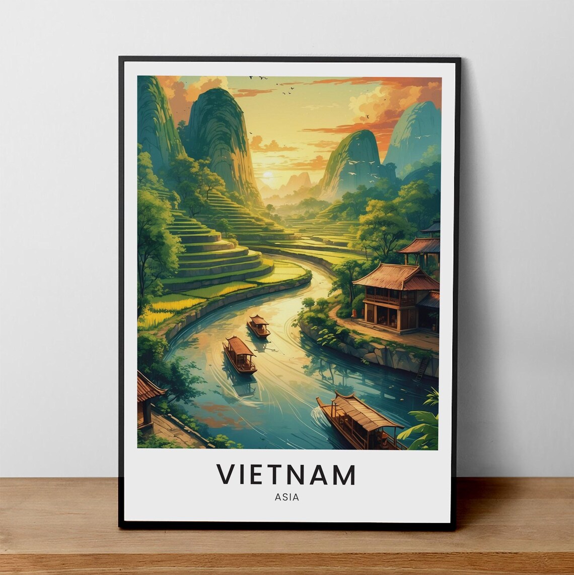 Vietnam Asia Rice Terraces River Boats Golden Sunset Travel Poster