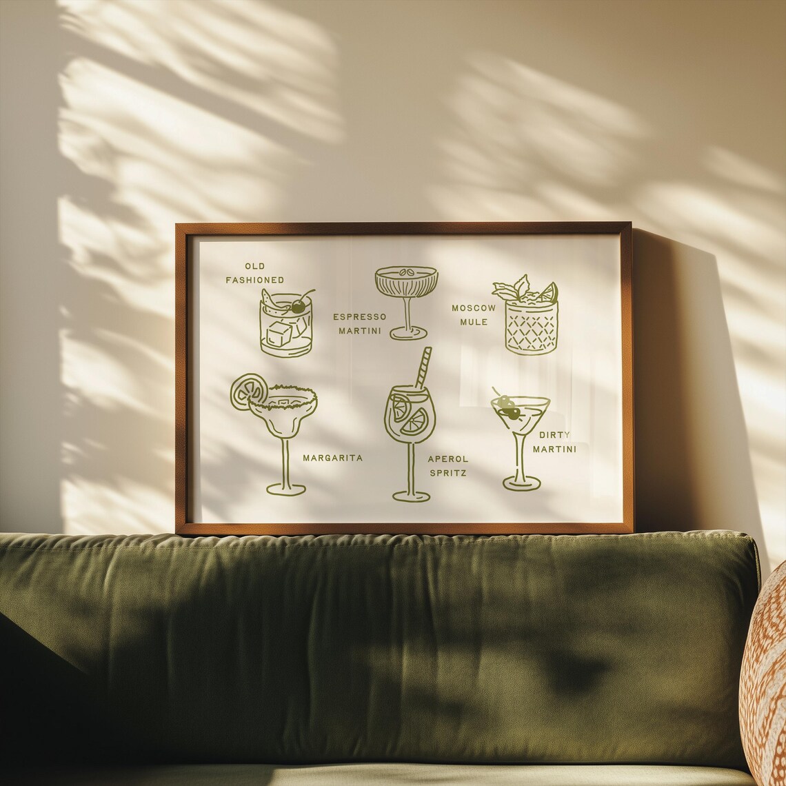 Classic Cocktails Guide Sage Green Bar Cart Illustration Poster