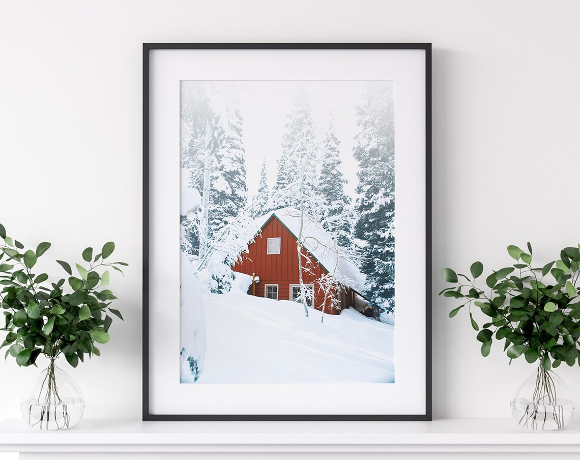 Red Cabin Snowy Winter Forest Landscape Photography Art Poster