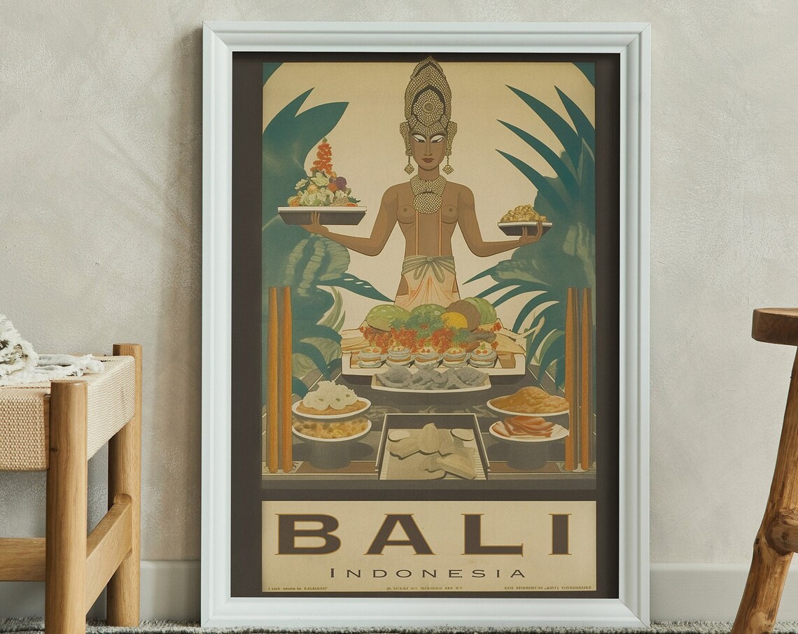 Art Deco Bali Indonesia Travel Poster Balinese Dancer Offering