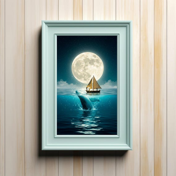 Tranquil Nighttime Sailing With Full Moon And Whale Serene Art For Wall Dcor Or Instant