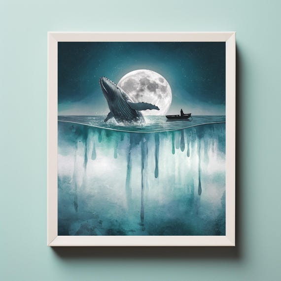 Whale Painting Watercolor Print And Boat Girl Boy Art Nursery Humpback Wall Decor Gift