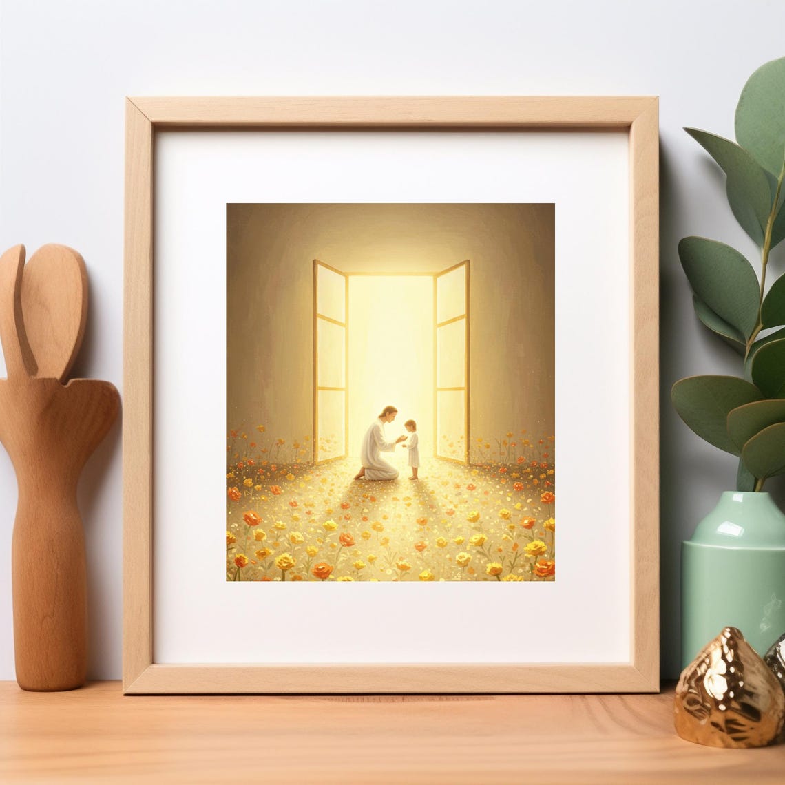Jesus Welcoming Child Golden Doorway Flowers Christian Poster
