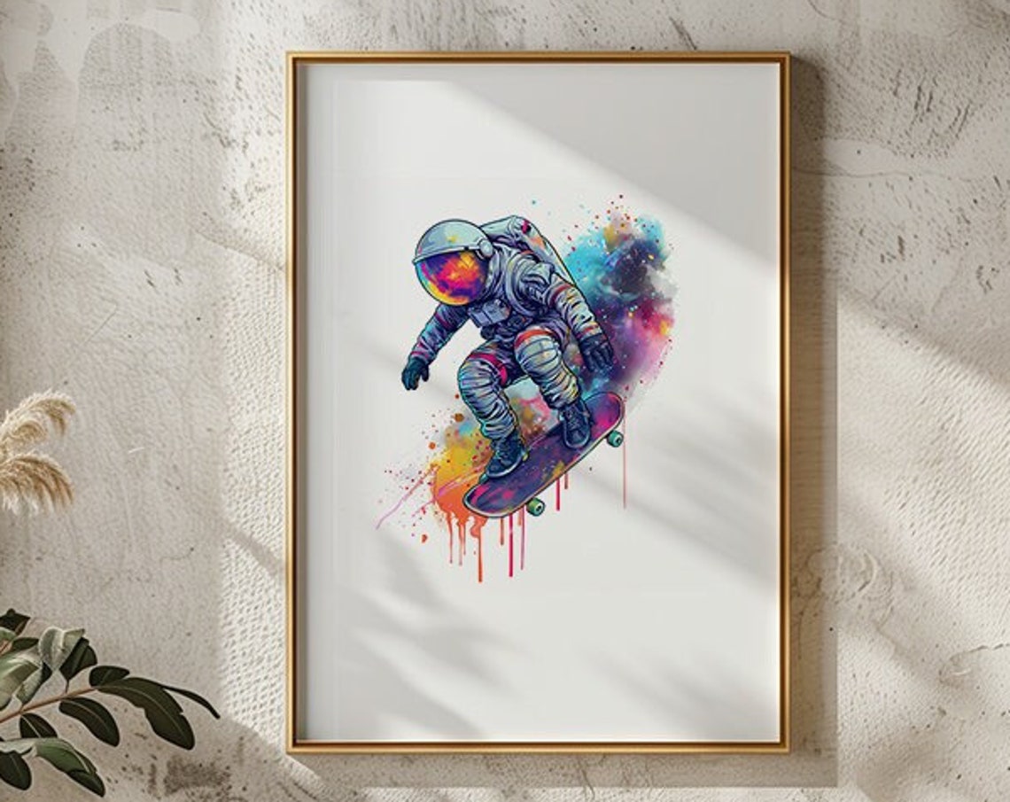 Galaxy Helmet Astronaut Skateboarding Watercolor Splash Poster