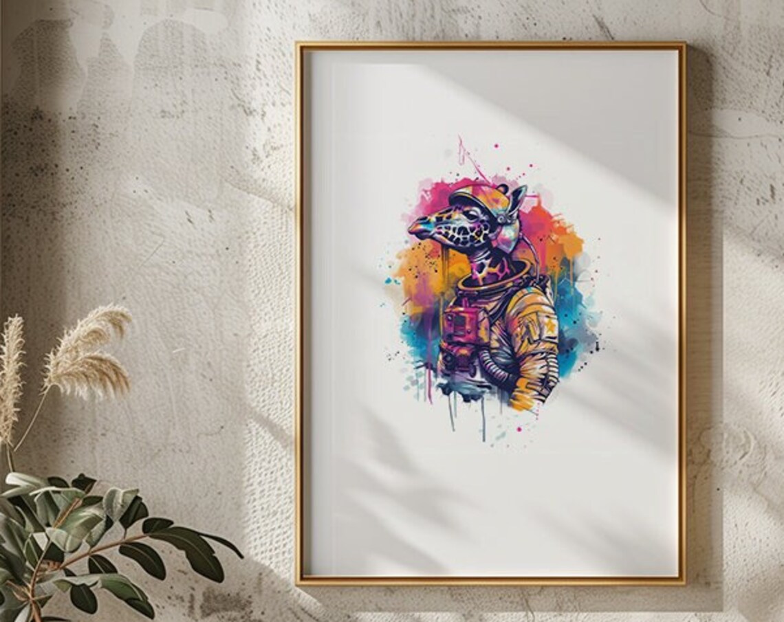 Giraffe Astronaut Watercolor Long Neck Space Suit Animal Art Poster