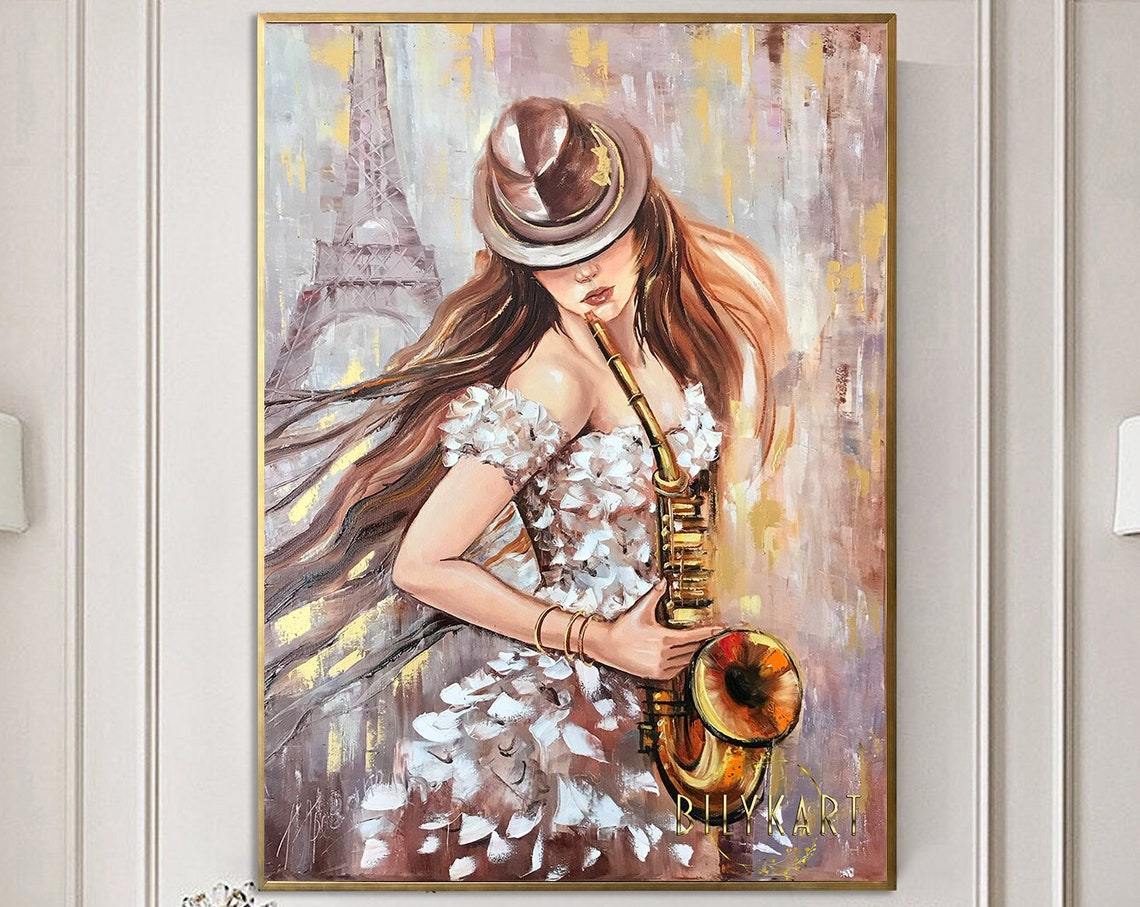 Woman Playing Saxophone Eiffel Tower Paris Jazz Music Art Poster - Image 2