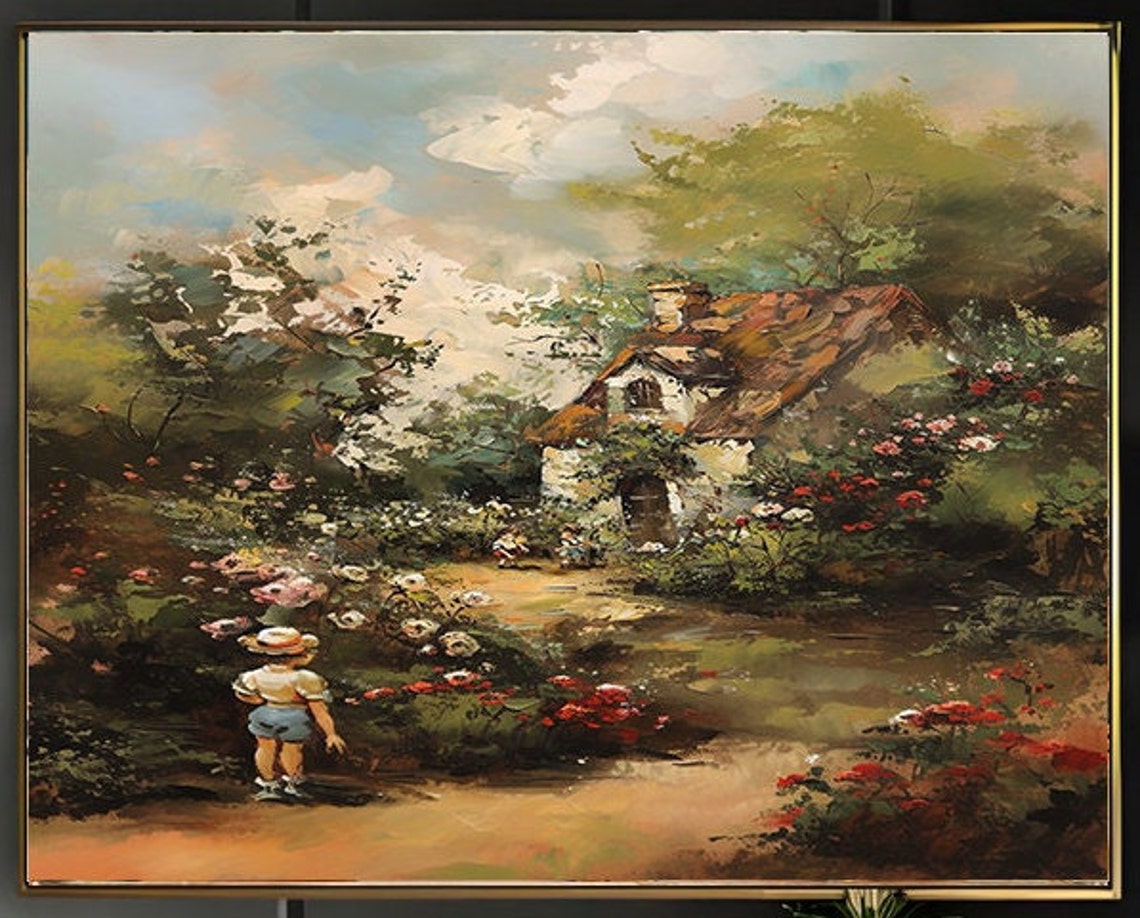 Child in Straw Hat Walking Rose Garden Path to Stone Cottage Poster - Image 2