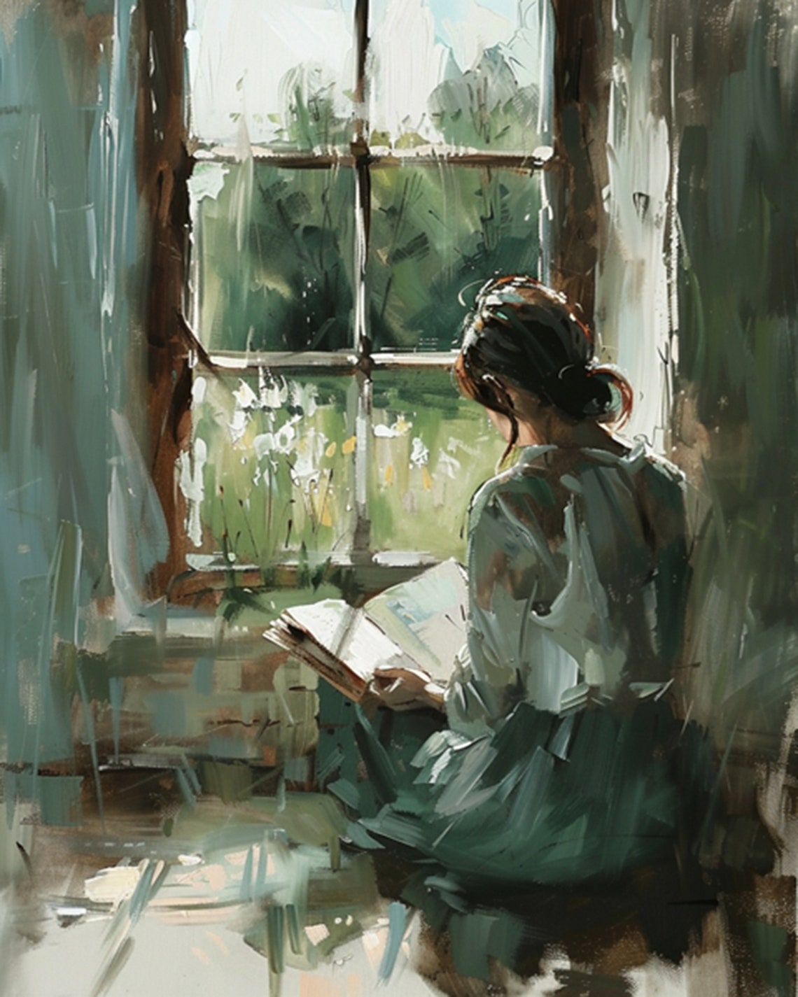 Woman Reading by a Garden Window Impressionist Oil Painting Poster - Image 3