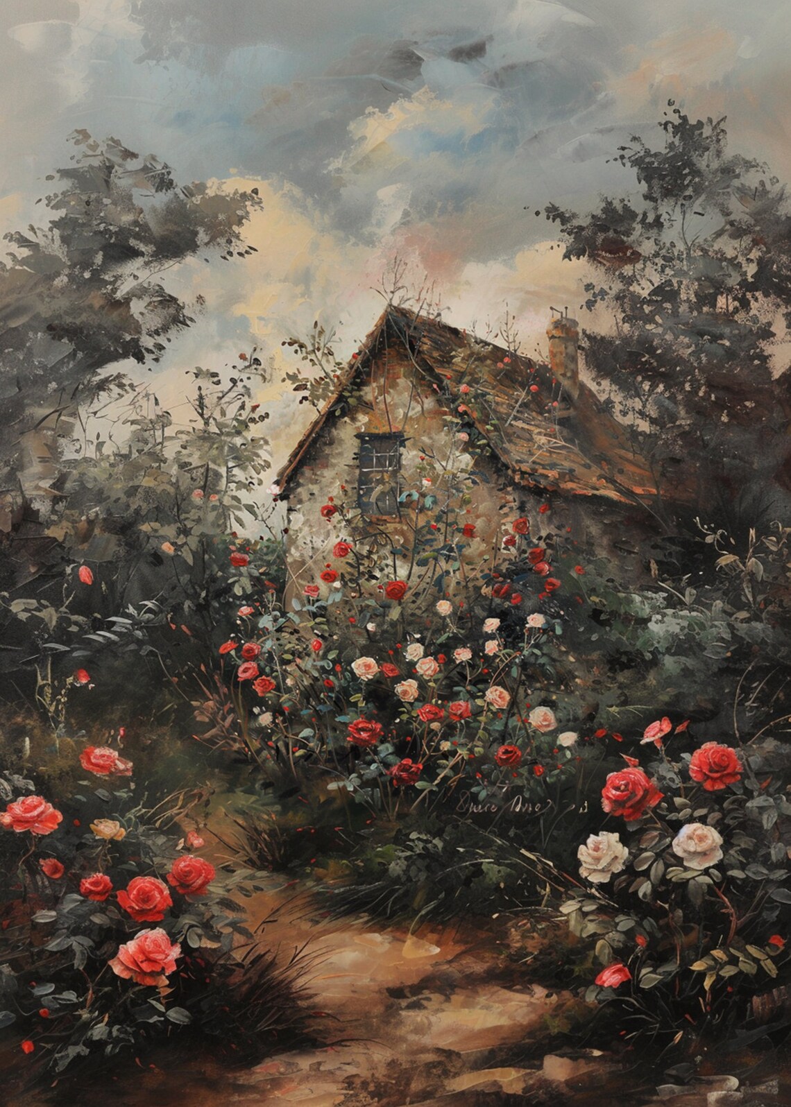 Rose Covered Cottage at Dusk Garden Path Muted Moody Sky Poster - Image 3
