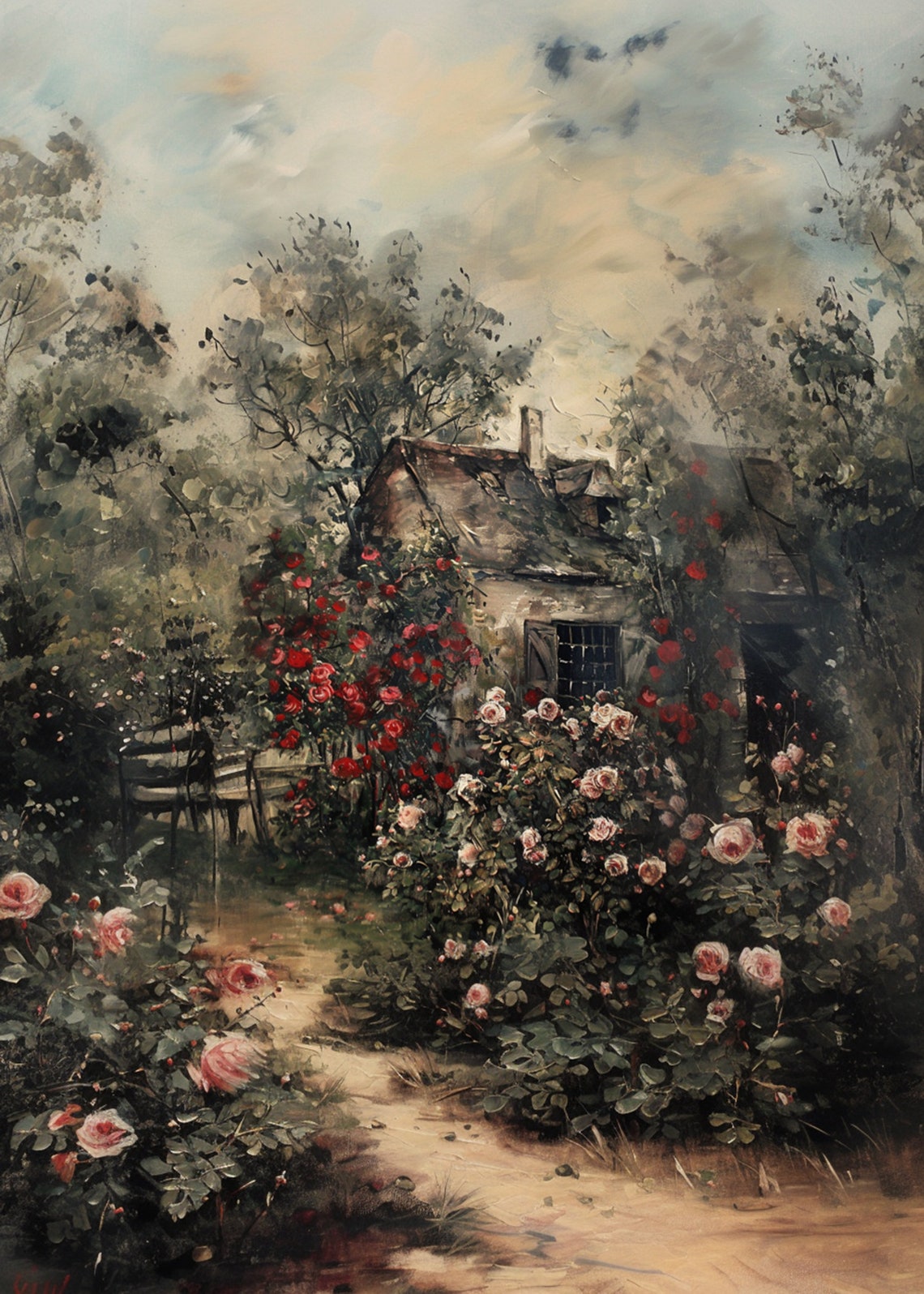 Cottage Garden Path With Pink Roses Blue Shutters Rustic Art Poster - Image 3