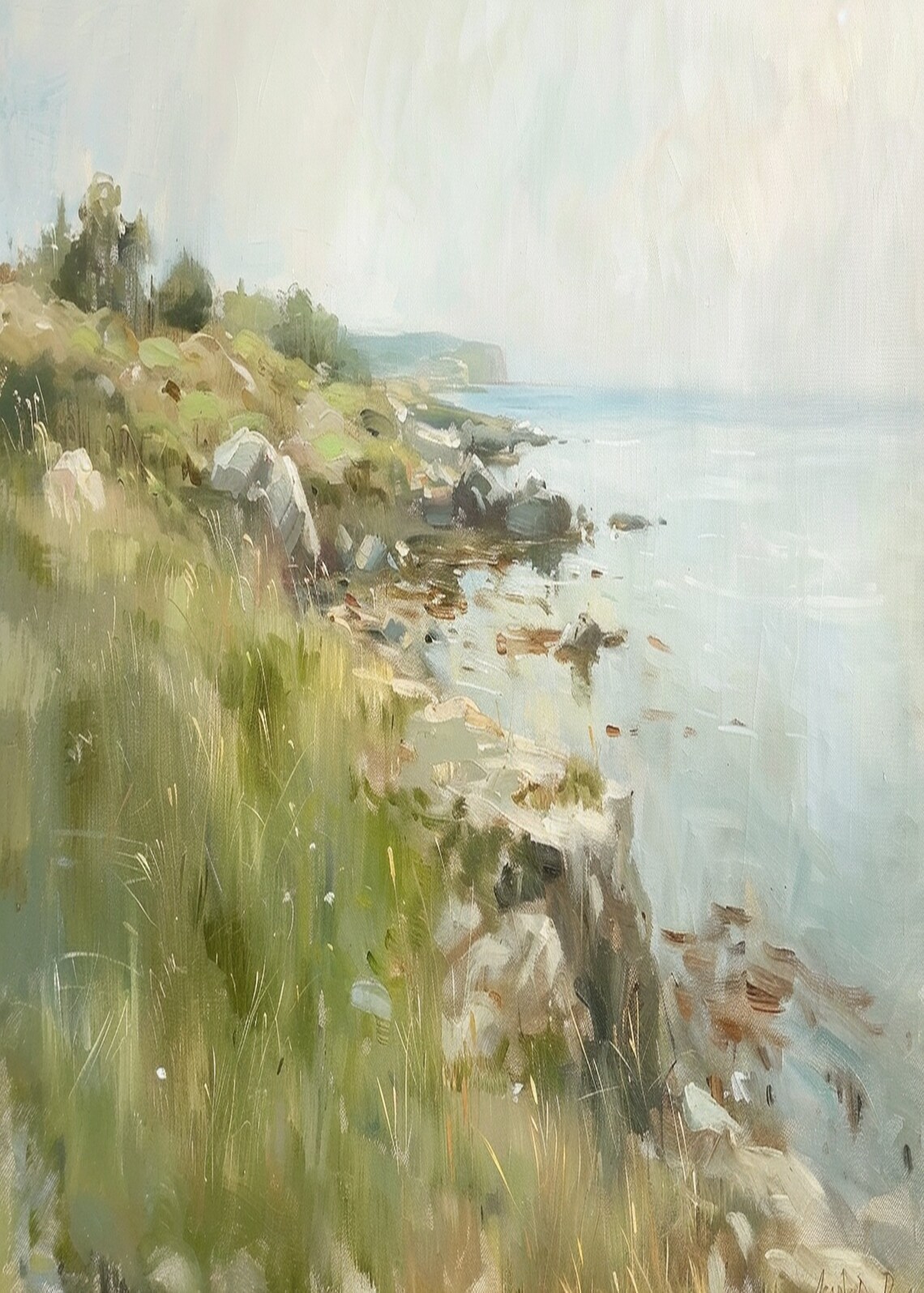 Grassy Coastal Bluff Overlooking Calm Ocean Vintage Seaside Poster - Image 2