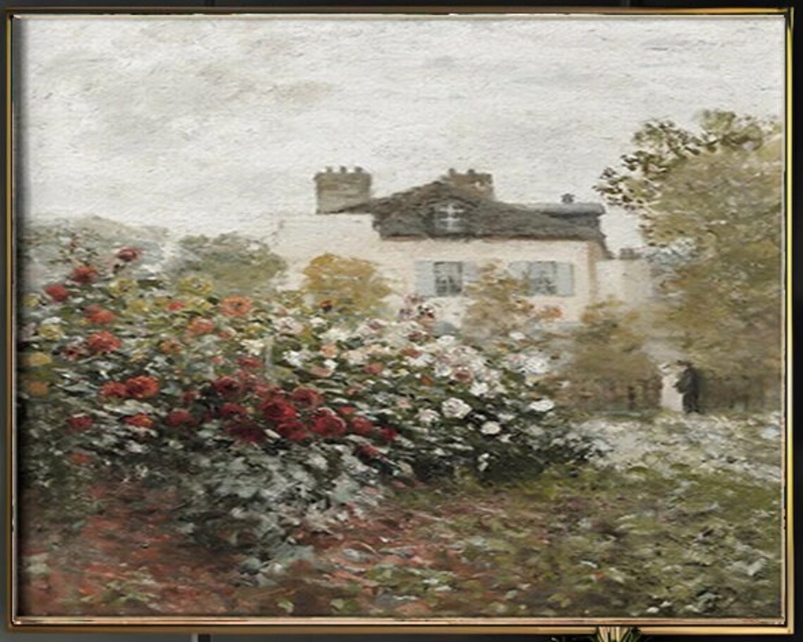 Red White Rose Garden in Front of White Country Cottage Art Poster - Image 3