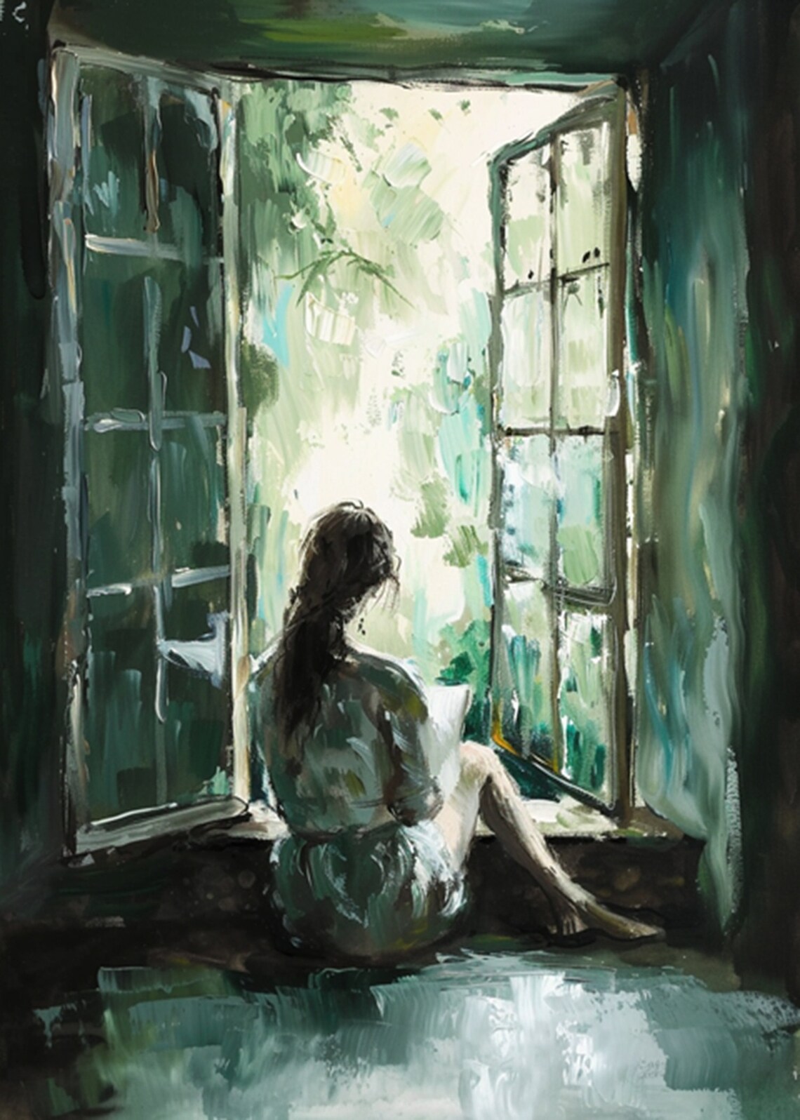 Woman Reading in an Open Window Impressionist Oil Painting Poster - Image 2