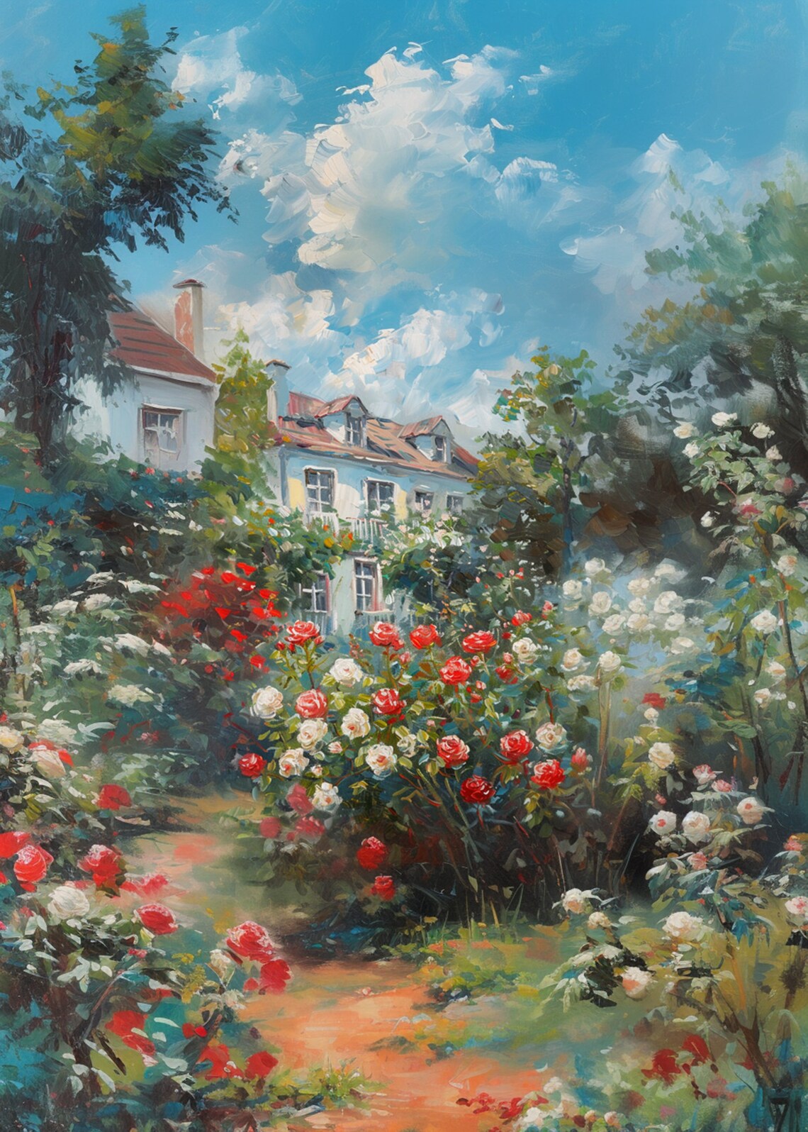White Country House Among Lush Red White Roses Summer Sky Poster - Image 3