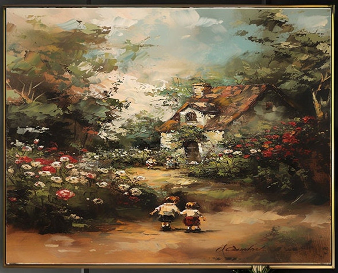 Two Children Playing in Cottage Garden Among Red White Roses Poster - Image 3