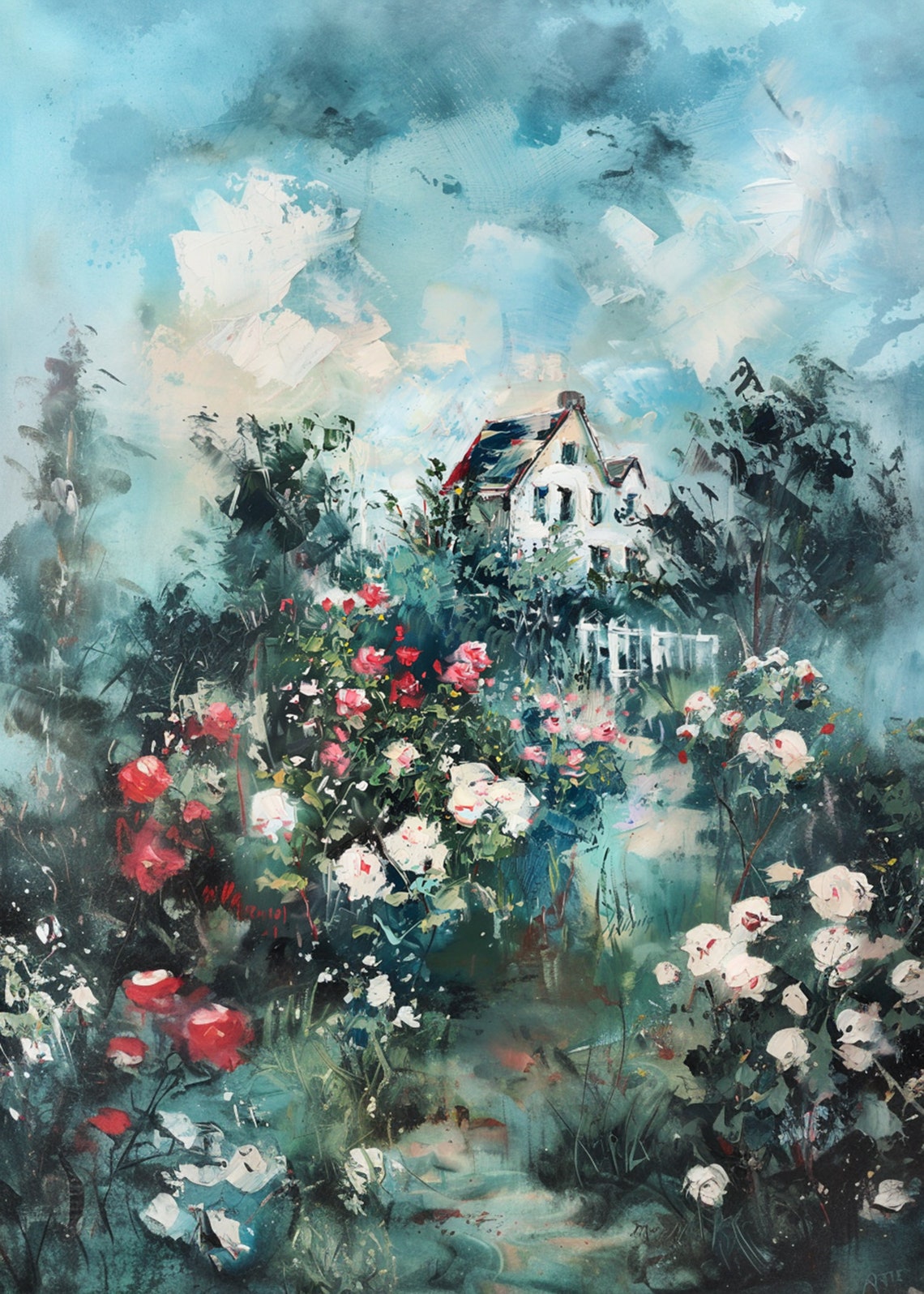 Misty Rose Garden White Fence House Beyond Blue Grey Sky Poster - Image 3