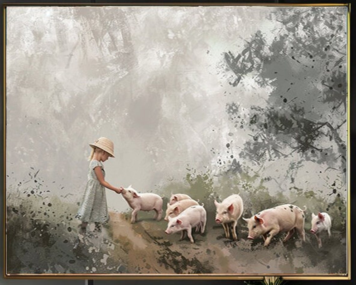 Girl in Straw Hat Feeding Piglets Watercolor Farmyard Art Poster - Image 2
