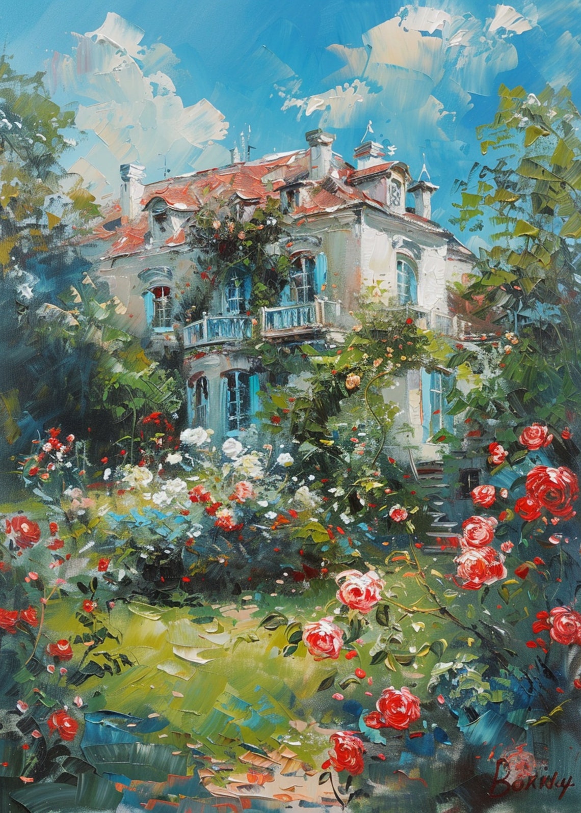 Bright Mediterranean Villa Balcony Red Roses Vivid Blue Sky Poster - Image 3