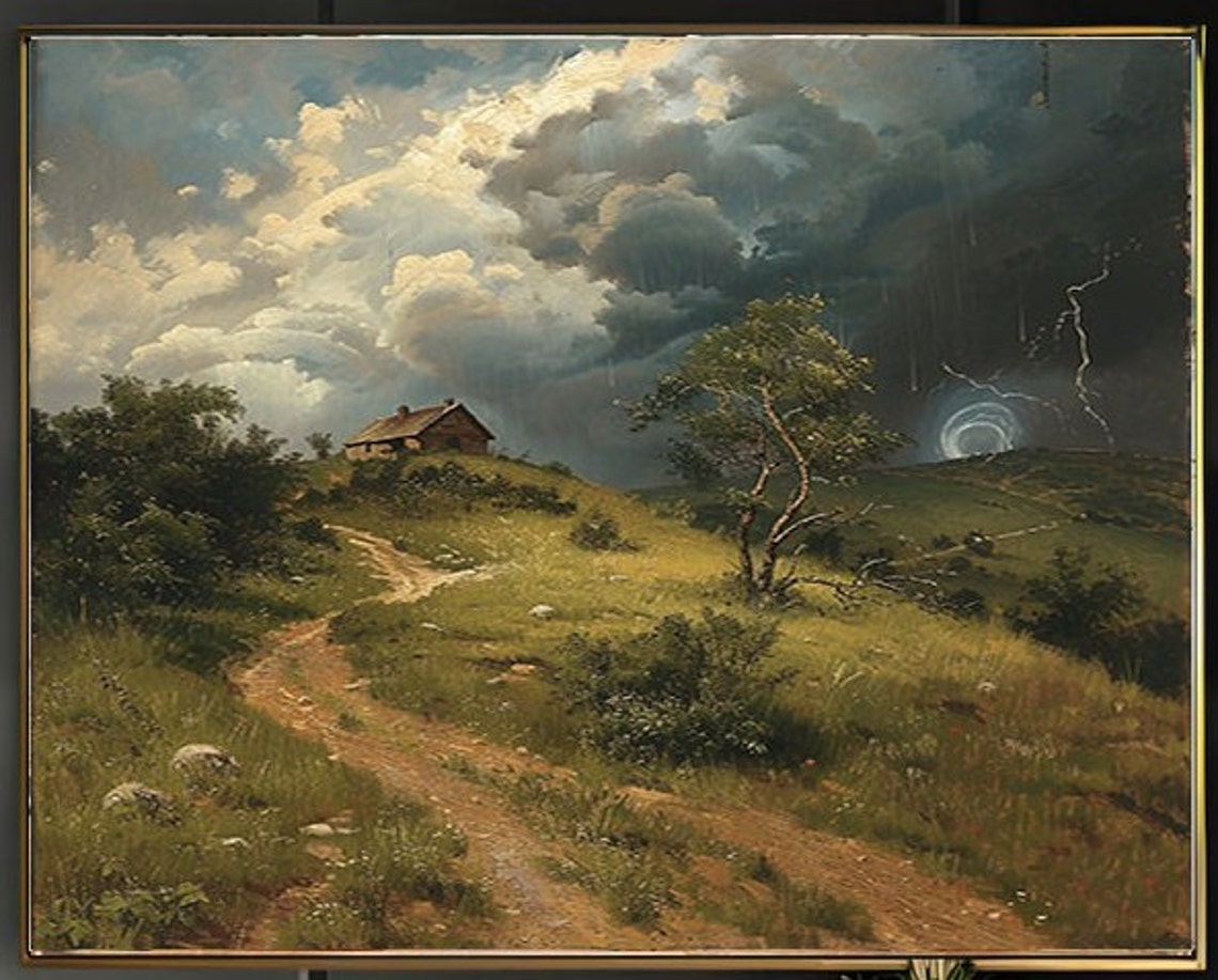 Hilltop Cottage Under Stormy Lightning Sky Winding Road Poster - Image 2