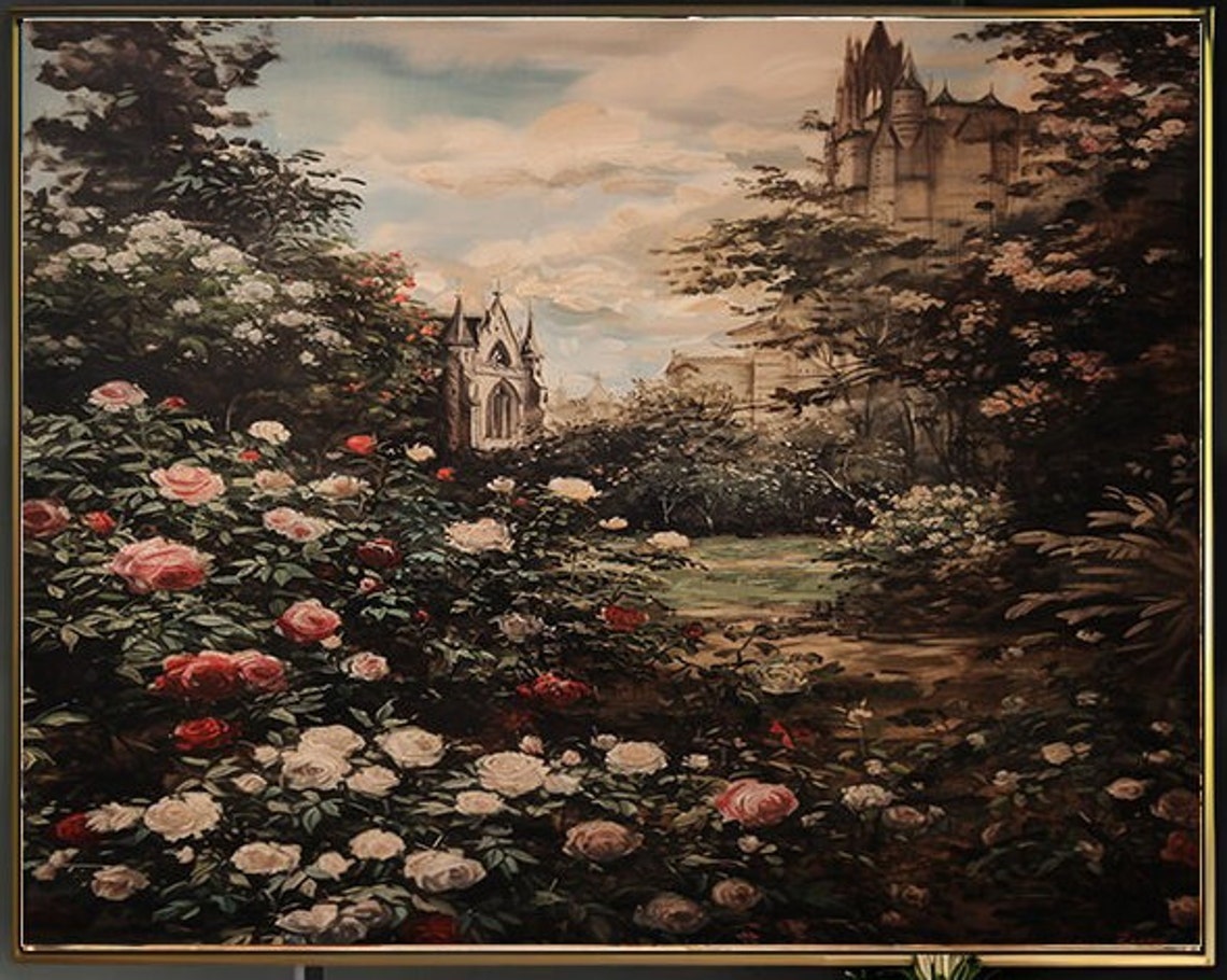 Gothic Chapel Behind Rose Garden Under Muted Sepia Clouds Poster - Image 2