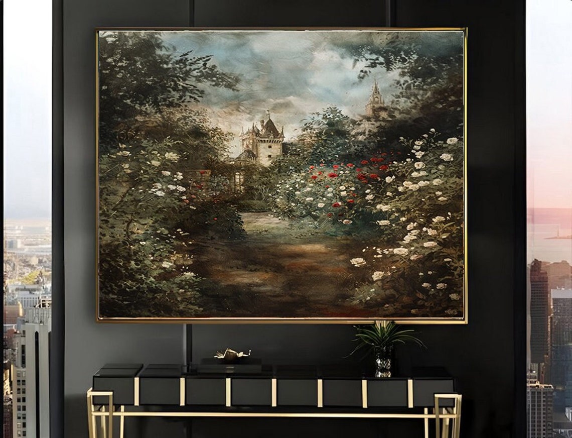 Wooded Garden Path Leading to Distant Tower Misty Roses Poster