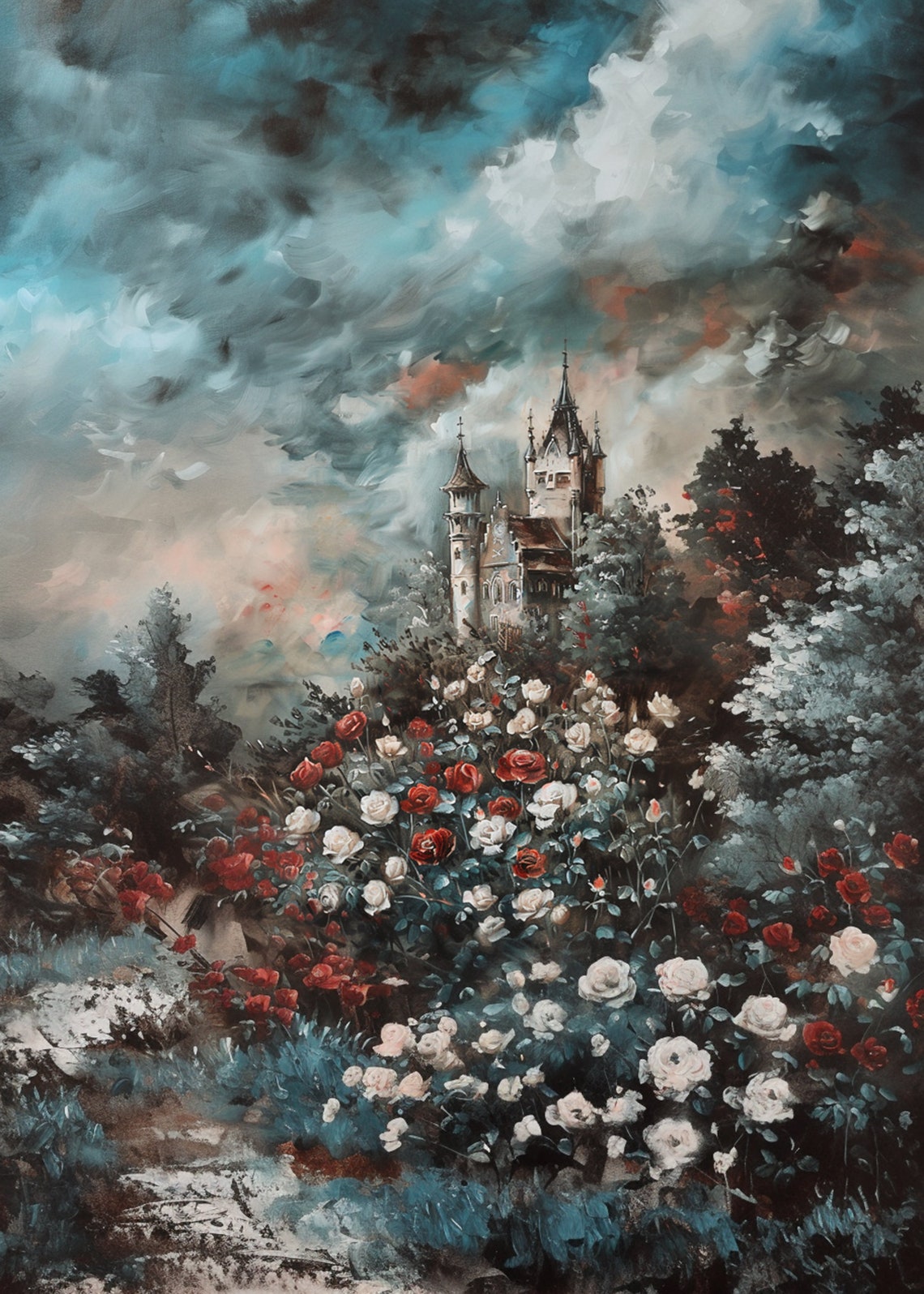 Hilltop Castle Above Sweeping Red White Rose Garden Storm Poster - Image 3