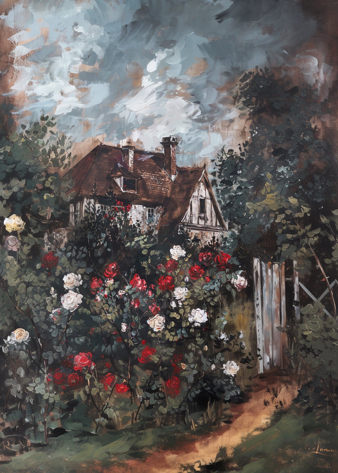 Brown Roof Cottage Red White Roses White Gate Dramatic Sky Poster - Image 3