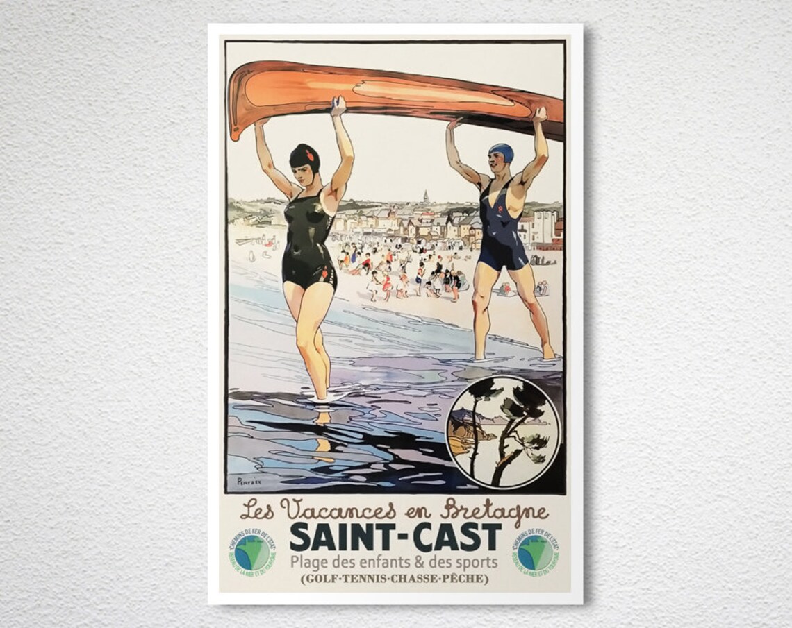Saint Cast Brittany France Vintage Beach Canoe Holiday Travel Poster - Image 2