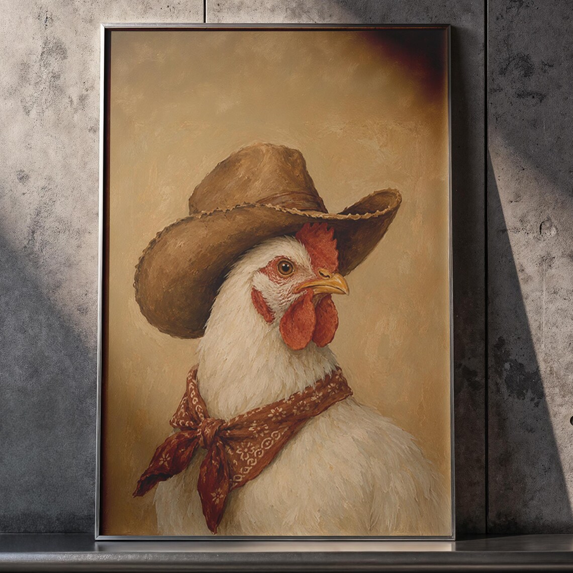 Cowboy Chicken Portrait Poster Western Rooster in Hat and Bandana Art