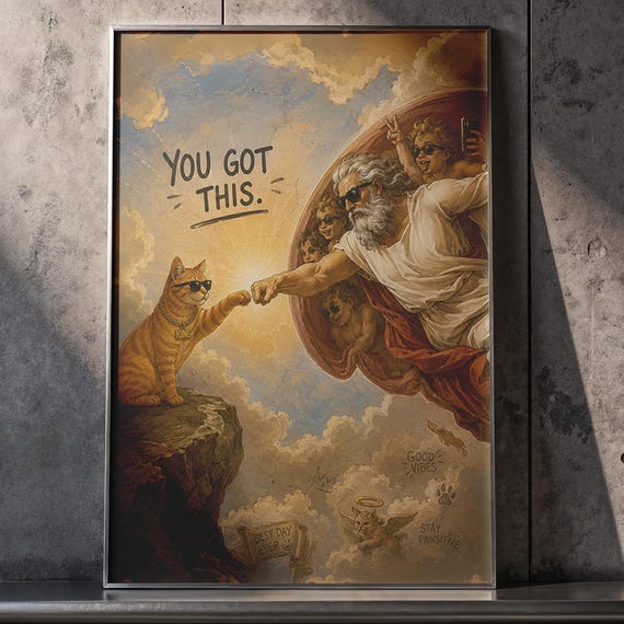 Michelangelo Parody Humorous Renaissance Meme Funny Cat Poster Print