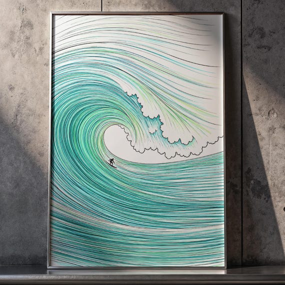 Surf Wave Wall Poster Turquoise Ocean Line Art Print Minimal Surfer Beach Decor