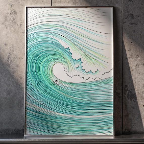 Turquoise Ocean Barrel Wave Tiny Surfer Minimalist Line Art Poster