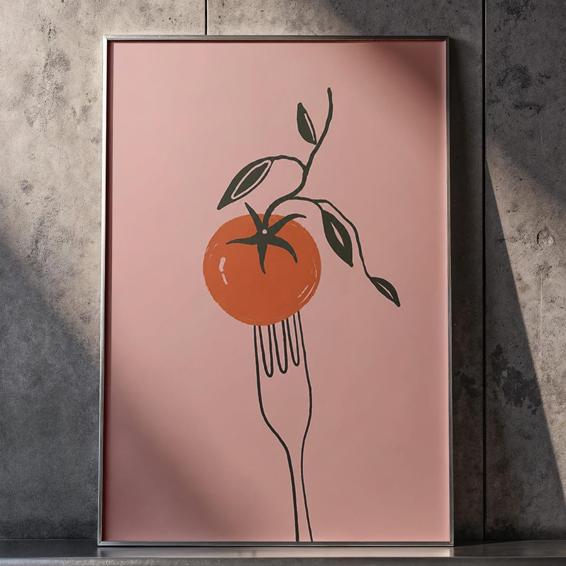 Tomato On Fork Print Minimalist Pink Kitchen Wall Art Modern Food Illustration