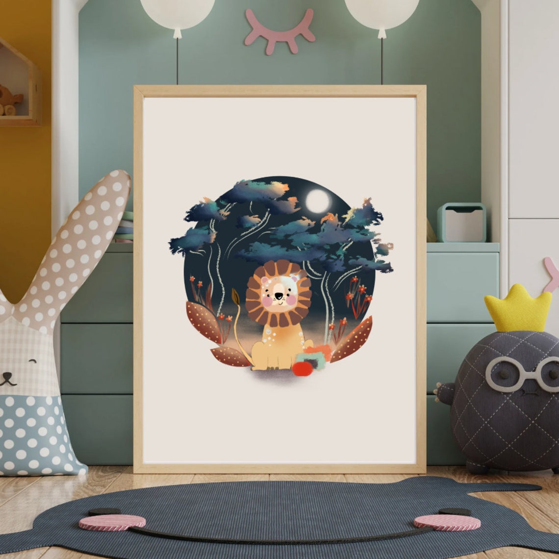 Lion at Night Nursery Poster with Starry Jungle Moonlit Scene - Image 2