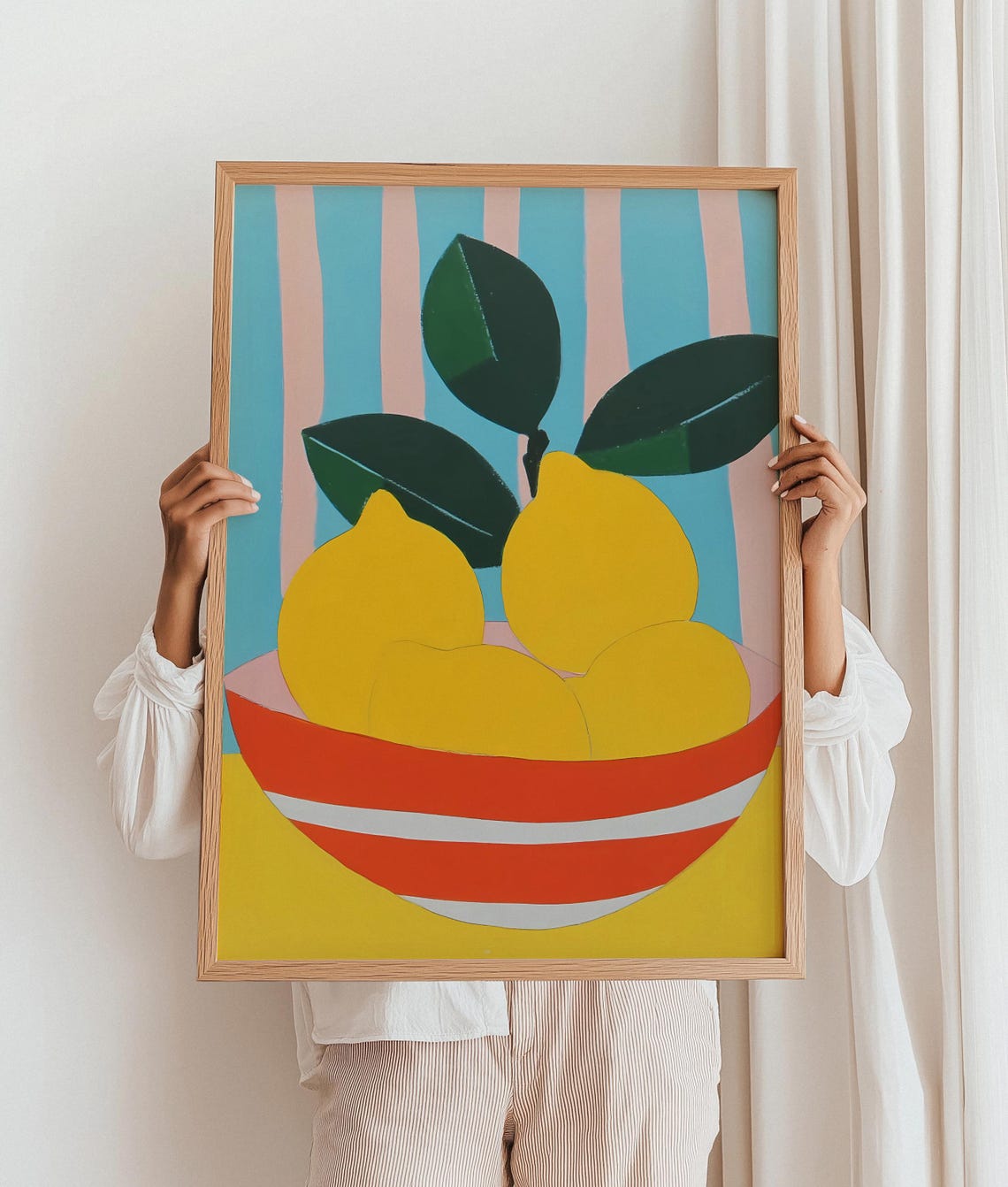 Bold Lemons in Striped Bowl Blue Pink Stripes Modern Citrus Art Poster