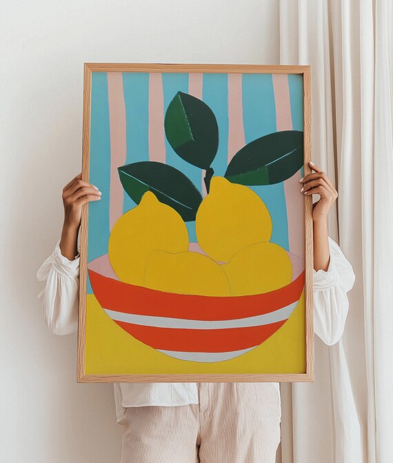 Bold Lemons in Striped Bowl Blue Pink Stripes Modern Citrus Art Poster
