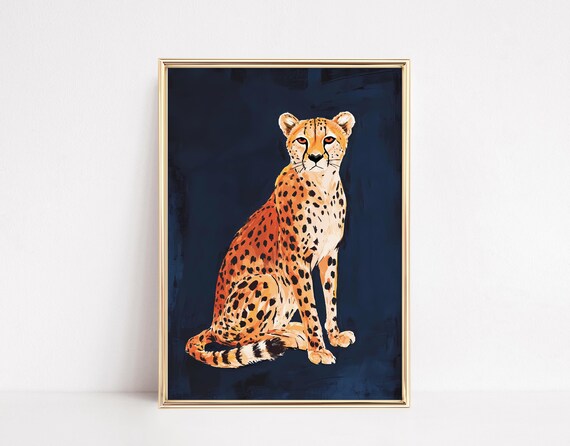 Cheetah On Dark Blue Print Maximalist Leopard Artwork Modern Wild Animal Painting Wall Art
