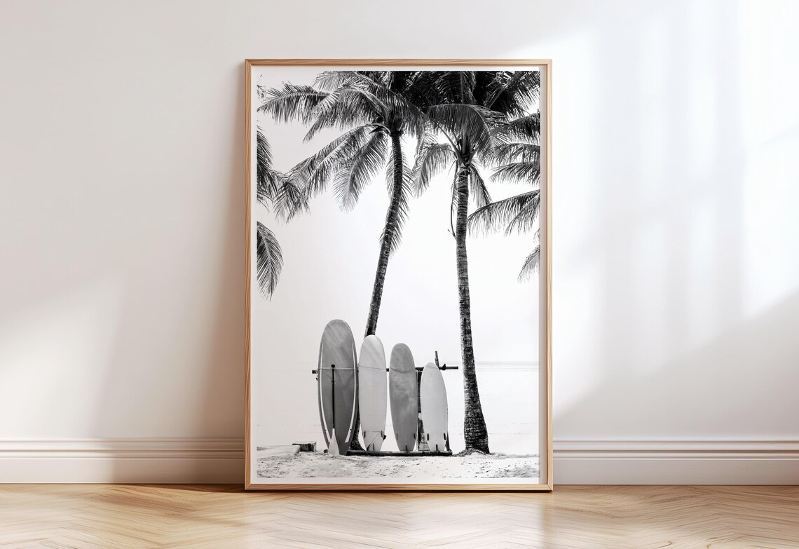 Black And White Surfboards, Tropical Coast Travel Poster