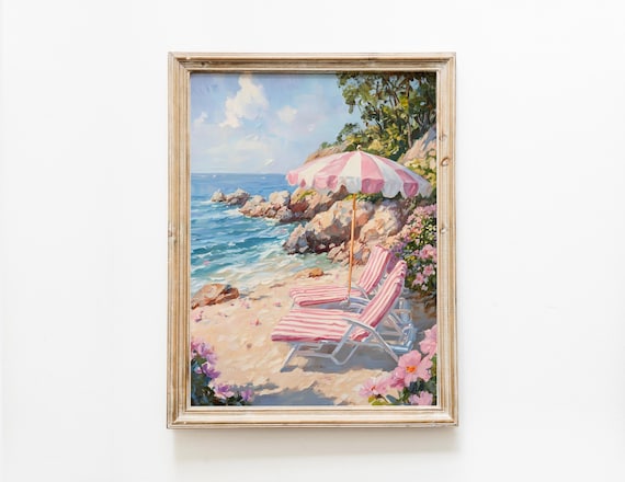 Pink Striped Umbrella Beach Cove Painted Coastal Summer Poster