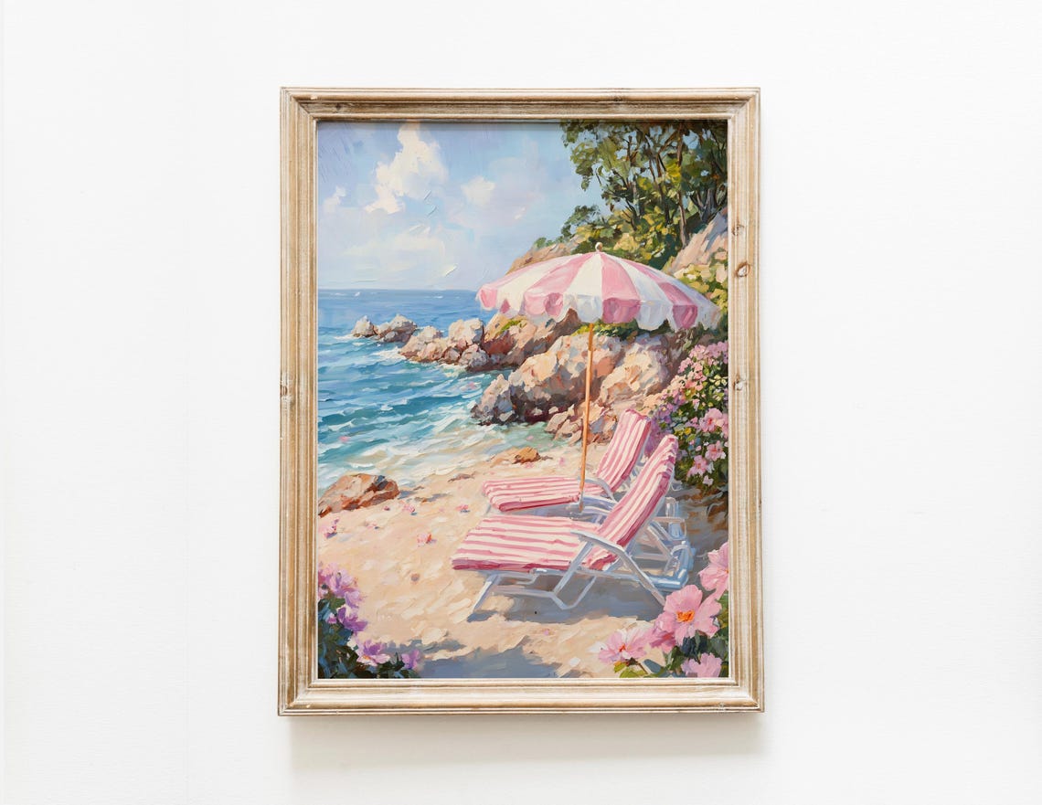 Pink Striped Umbrella Beach Cove Painted Coastal Summer Poster