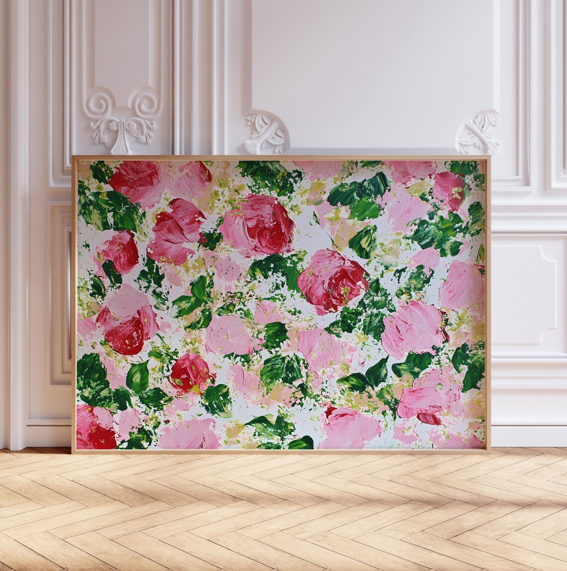 Pink Flowers Oil Painting Print, Abstract Modern Art