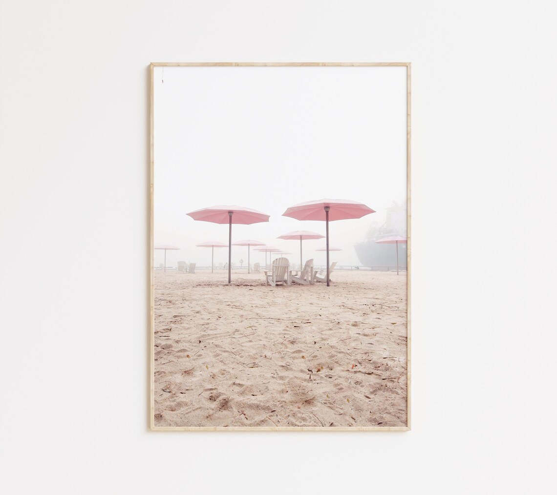Pink Beach Umbrellas Travel Poster, Nautical Summer